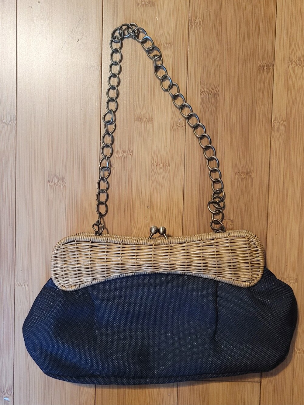 Tianni Wicker Frame Shoulder Bag Black Kiss Lock Chain Retro Boho Purse